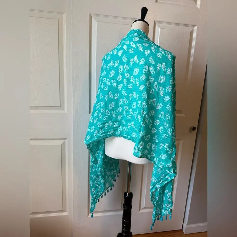 Teal Floral‎ Tassel Scarf Wrap Lightweight Boho Coastal Spring Layering